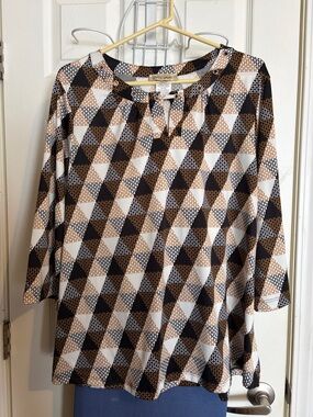 Geo-Print Long Sleeve Top in Black, Cream & Brown by Charter Club